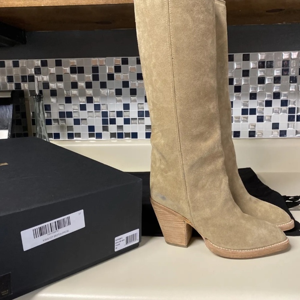 YEEZY SEASON 5 Taupe Size 36 TALL SHAFT LEATHER BLOCK HEEL BOOT w/ Duster Bags